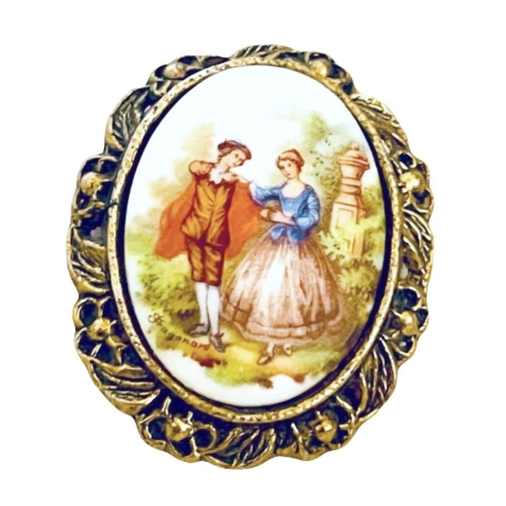 VINTAGE Woman’s Signed FRAGONARD Brooch Pin Courting Scene Couple - Picture 2 of 11